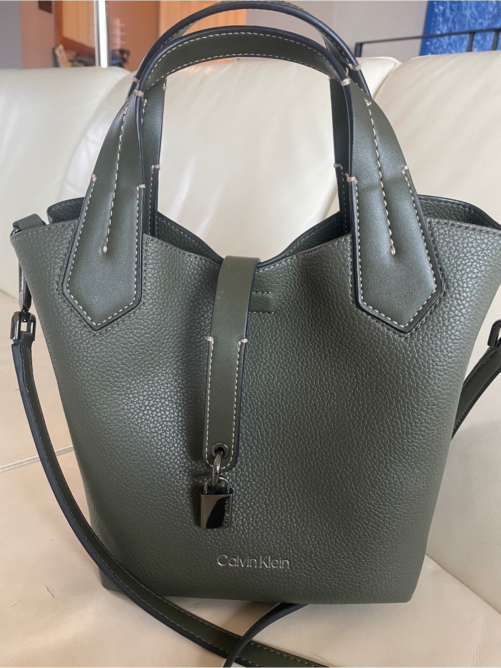 Calvin Klein Leah Bucket Bag in Dark Olive Green Pebbled Leather, Gunmetal HW